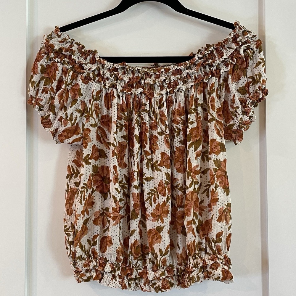 Free People FP One Suki Off the Shoulder Blouse‎ Floral Medium Cream Brown Olive